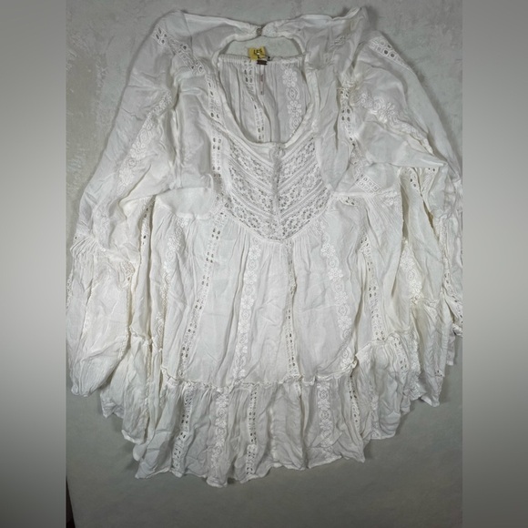 Free People Medium Boho Lace Cotton White Tunic Blouse Flowey Chic Drape Shirt - Picture 7 of 8